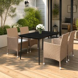 5 Piece Outdoor Dining Set Glass Table Poly Rattan Chairs with Cushions Beige