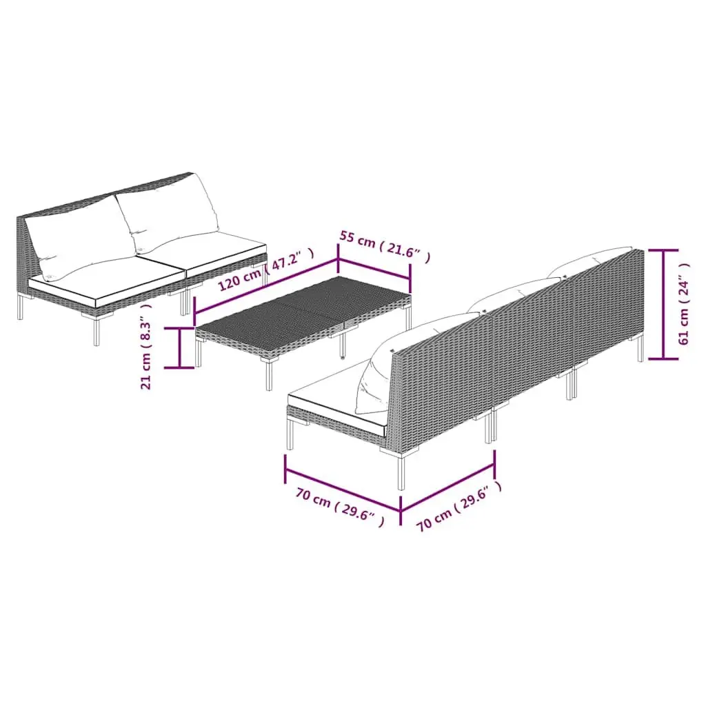 Garden Lounge Set 6 Piece Outdoor Furniture Powder Coated Steel Half Round PE Rattan Grey Cushions