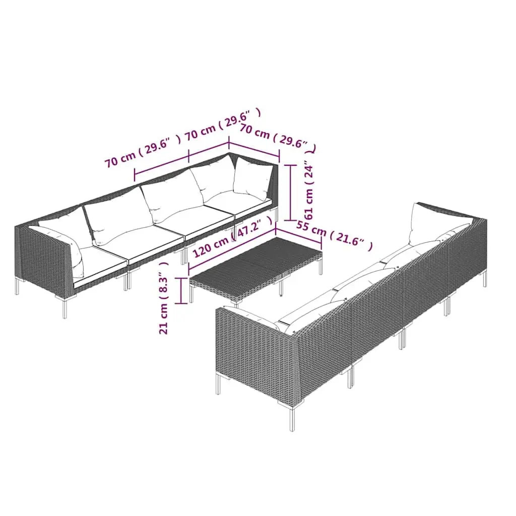 9 Piece Outdoor Garden Lounge Set Steel Frame Weather Resistant Rattan Dark Grey Patio Furniture Sofa with Cushions
