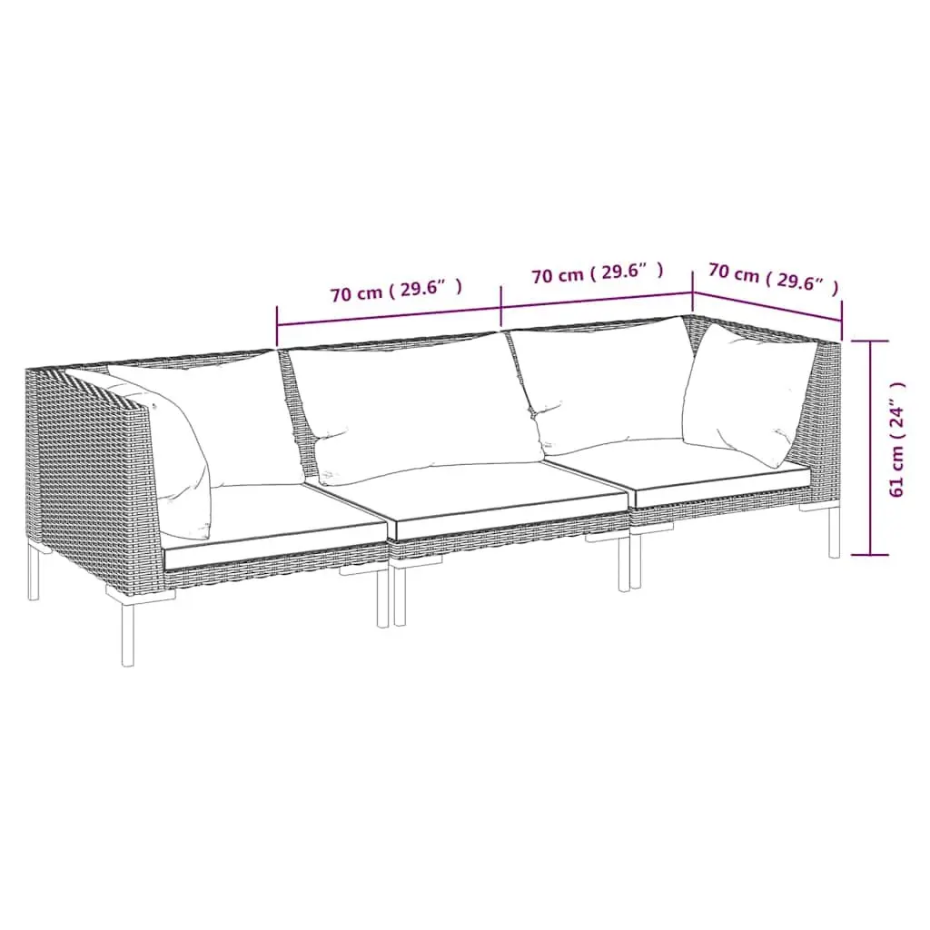 Garden Lounge Set 3 Piece Grey Outdoor Furniture PE Rattan Sofa with Cushions
