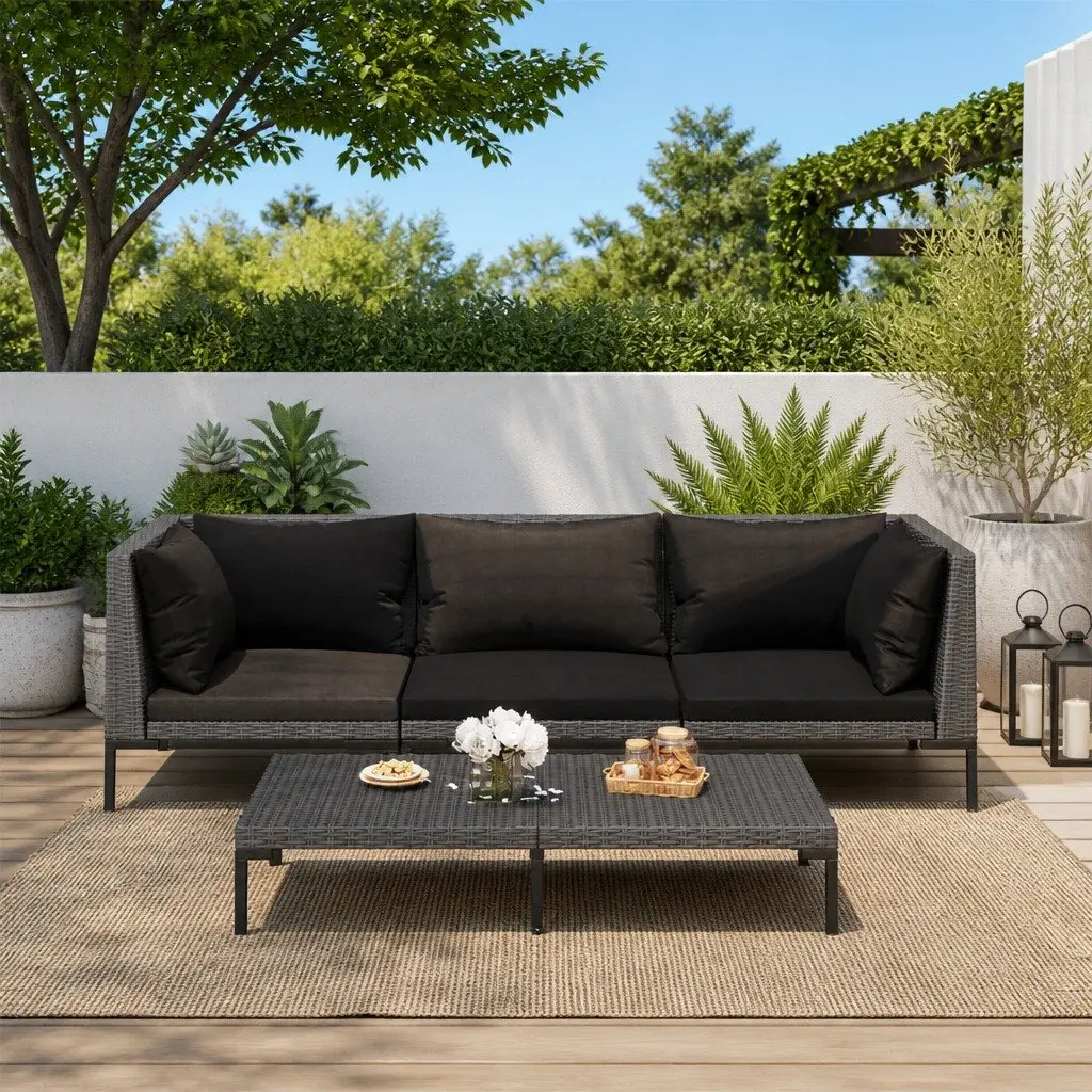 4 Piece Garden Lounge Set Poly Rattan Grey Cushions Outdoor Patio Furniture