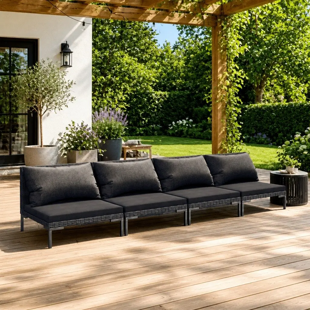 Outdoor Furniture Sofa Set Rattan Four Pieces Grey Cushions Steel Frame