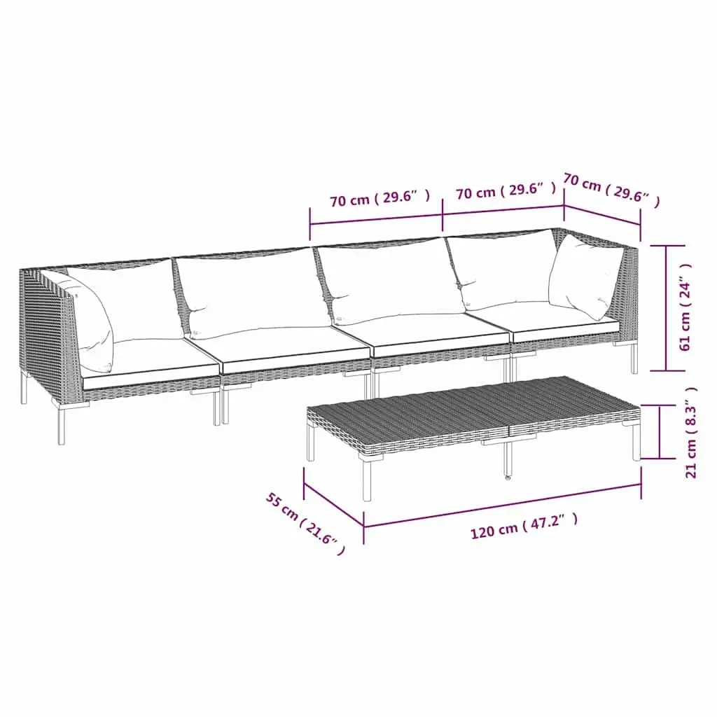 Garden Lounge Set 5 Piece Outdoor Patio Furniture Grey Rattan Sofa with Cushions