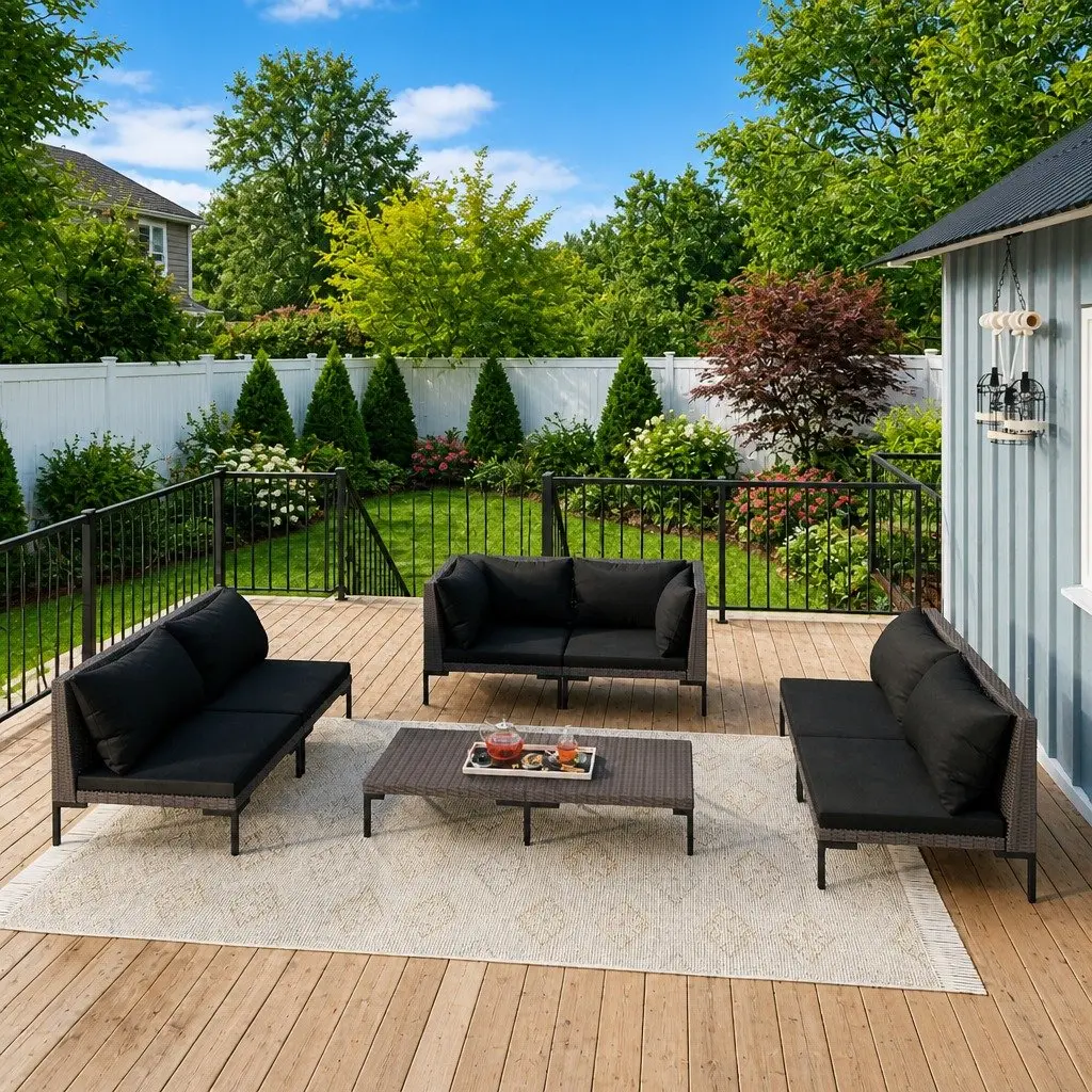 Outdoor Lounge Set Grey Rattan 7 Pieces with Cushions Powder-Coated Steel Frame Weather Resistant