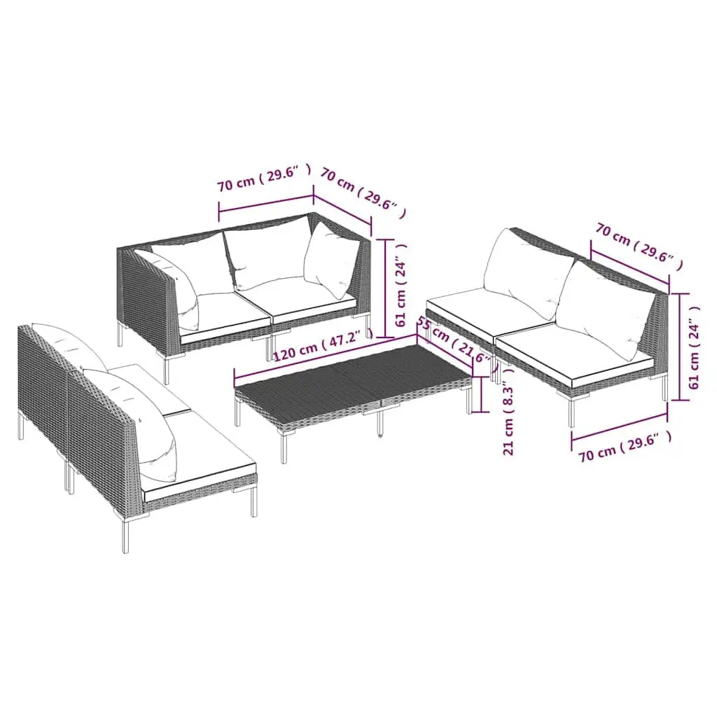 Outdoor Lounge Set Grey Rattan 7 Pieces with Cushions Powder-Coated Steel Frame Weather Resistant
