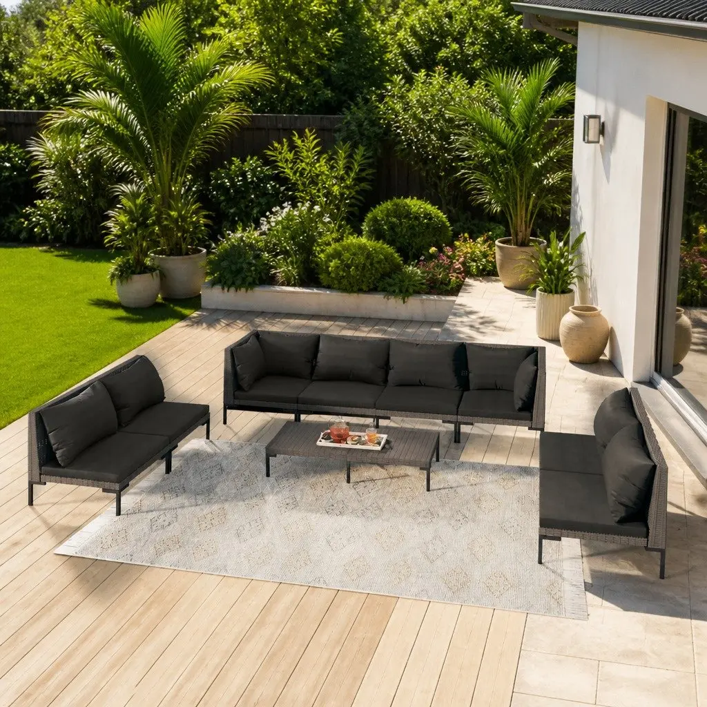Garden Lounge Set Grey Poly Rattan 9 Piece Outdoor Furniture Patio Sofa