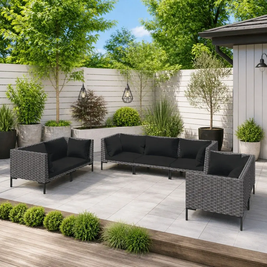 Garden Lounge Set 7 Piece Outdoor Furniture Powder-coated Steel Half-round PE Rattan Grey