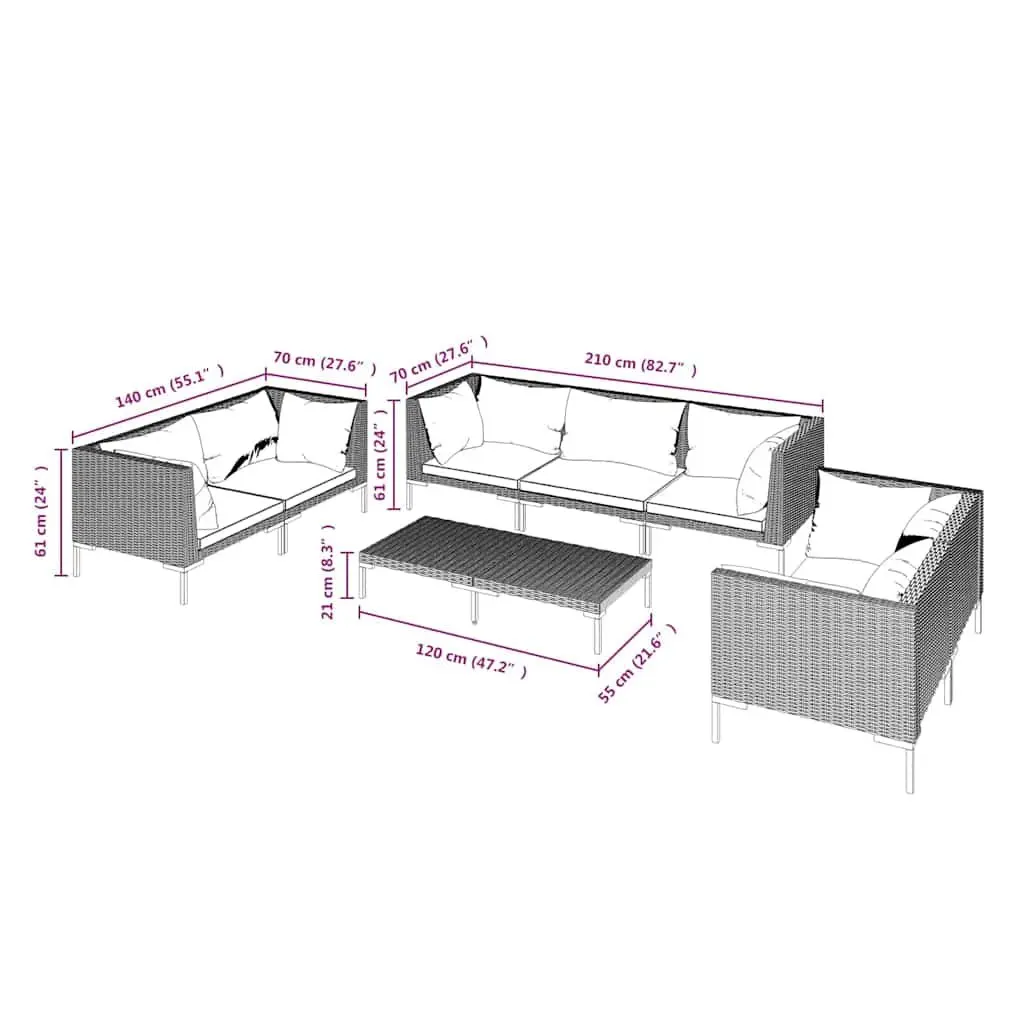Garden Lounge Set 8 Piece Outdoor Furniture Grey Poly Rattan Patio Sofa with