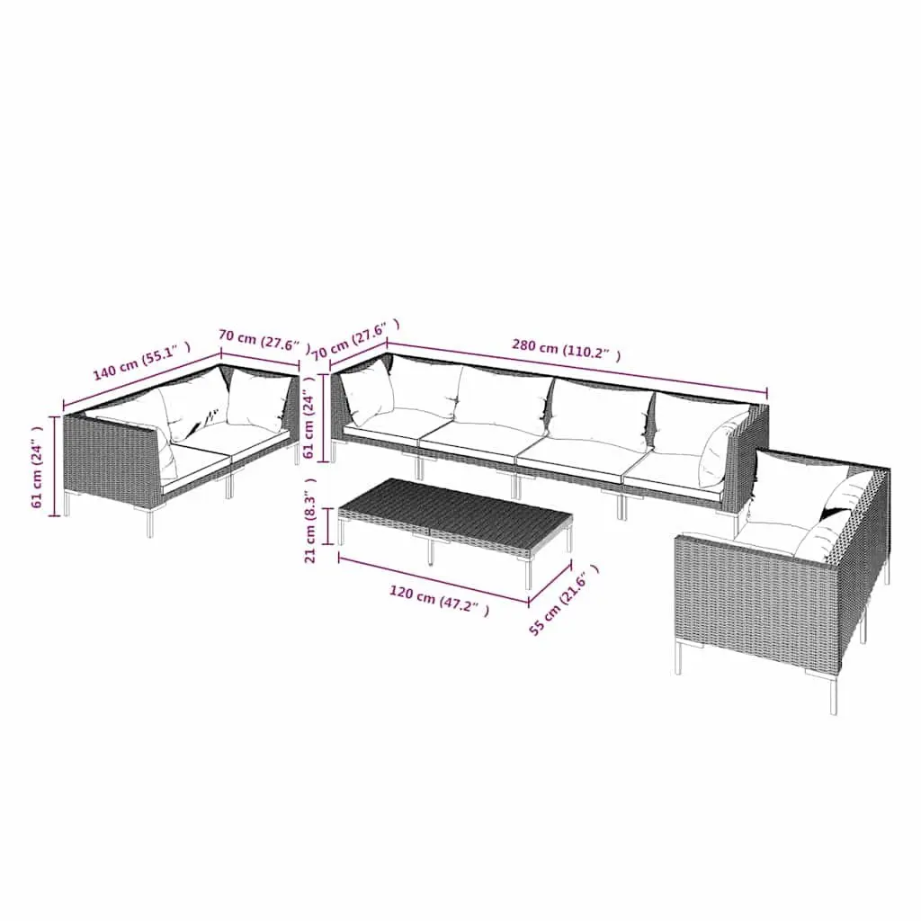 9 Piece Patio Furniture Set Grey Poly Rattan Outdoor Lounge with Cushions Weather Resistant for Garden and Balcony