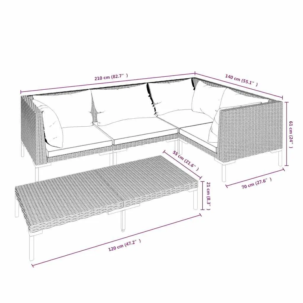 5 Piece Garden Lounge Set Powder-coated Steel Half-round PE Rattan Grey