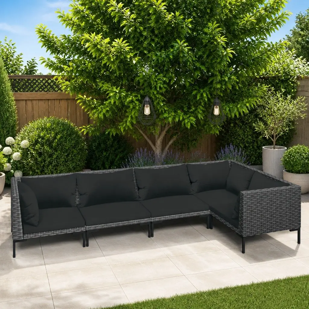 5 Piece Outdoor Lounge Set Grey Rattan Garden Furniture with Cushions Powder-coated Steel Frame