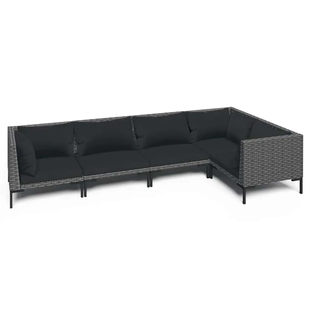5 Piece Outdoor Lounge Set Grey Rattan Garden Furniture with Cushions Powder-coated Steel Frame