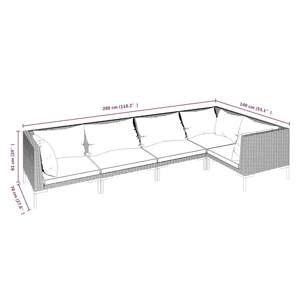 5 Piece Outdoor Lounge Set Grey Rattan Garden Furniture with Cushions Powder-coated Steel Frame