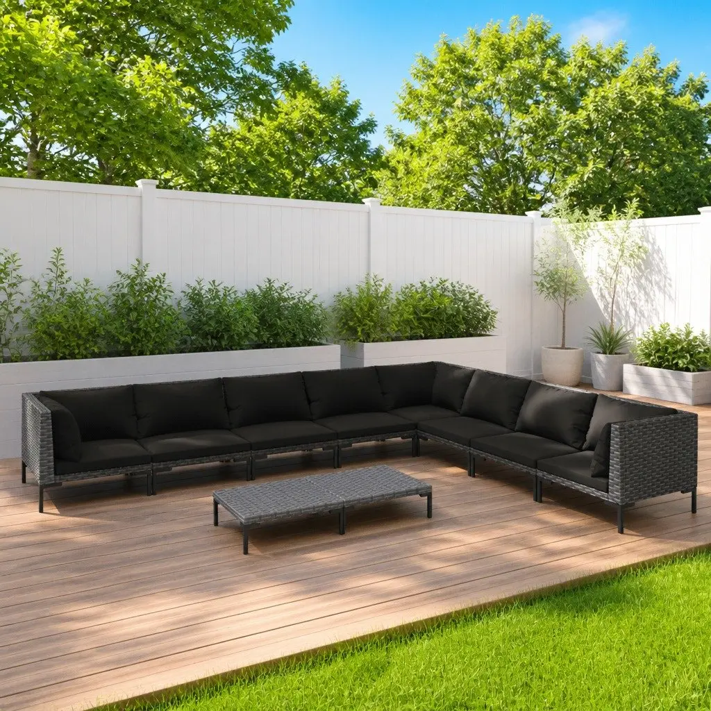 9 Piece Outdoor Garden Lounge Set Grey Rattan Powder-Coated Steel Frame with Cushions