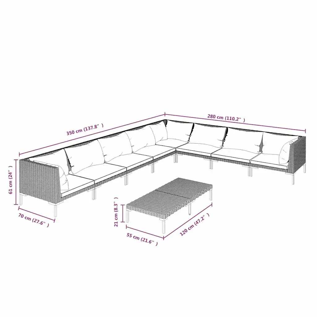 9 Piece Outdoor Garden Lounge Set Grey Rattan Powder-Coated Steel Frame with Cushions