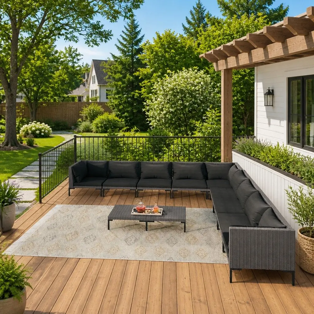 Garden Lounge Set Poly Rattan 10 Piece Outdoor Furniture Grey Cushions