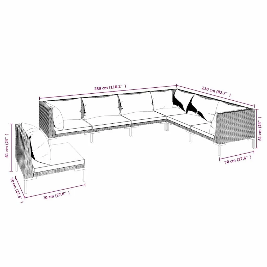 7 Piece Garden Lounge Set Powder-coated Steel Frame Half-round PE Rattan Grey