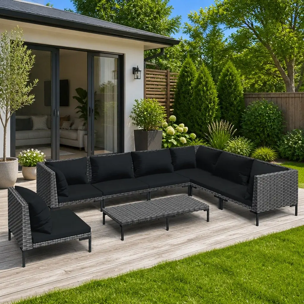 Garden Lounge Set 8 Piece Outdoor Furniture Powder-coated Steel Half-round PE Rattan Grey