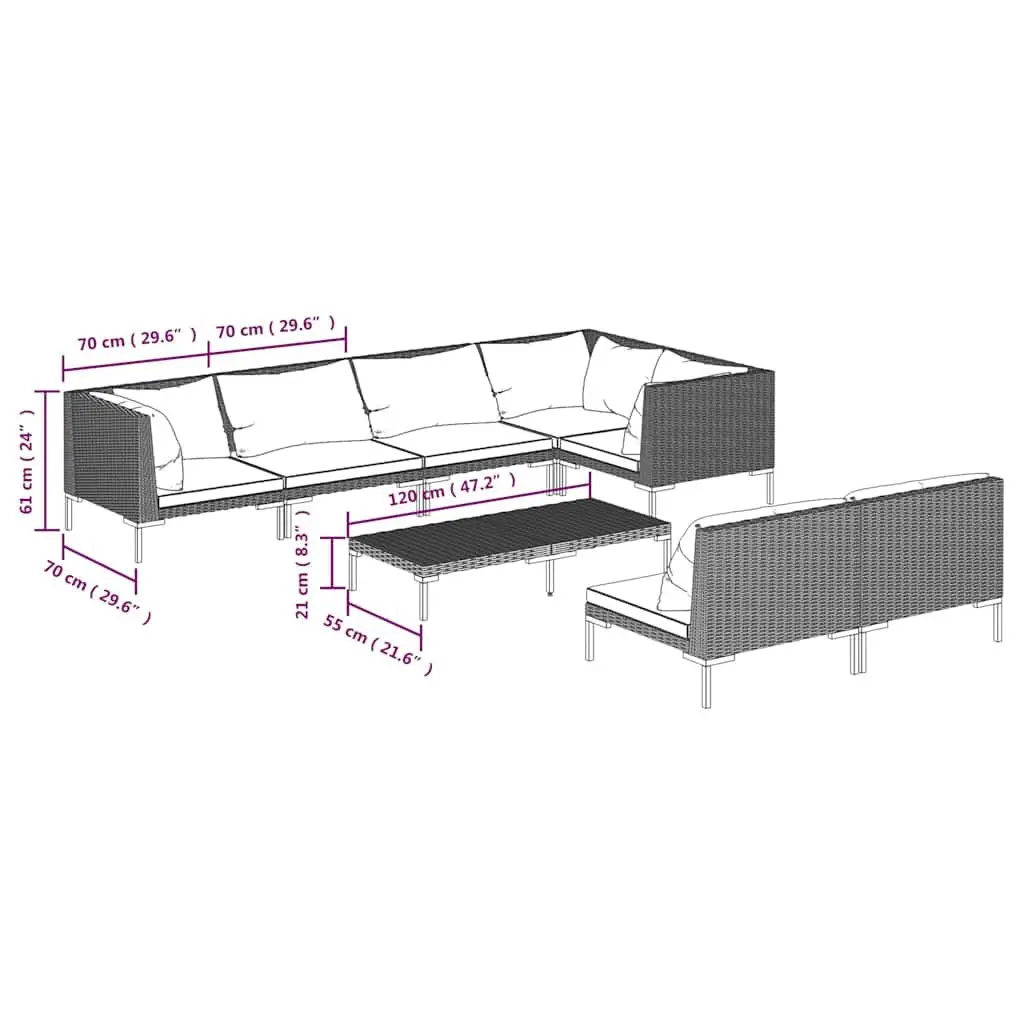 8 Piece Outdoor Lounge Set Half-Round PE Rattan Garden Furniture Grey Cushions Powder-Coated Steel Frame