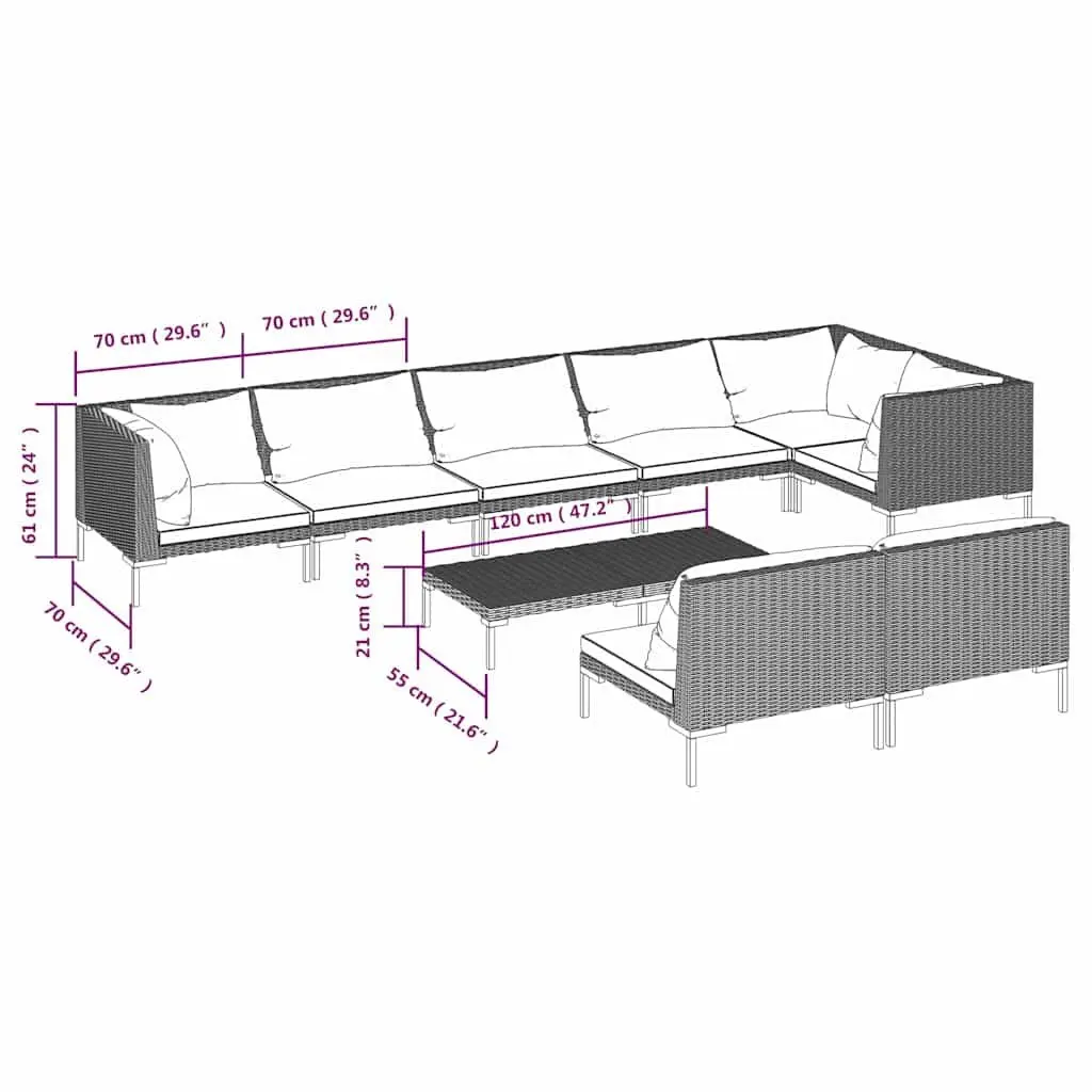 Garden Lounge Set 9 Piece Outdoor Furniture Grey Half-Round PE Rattan Patio Sofa