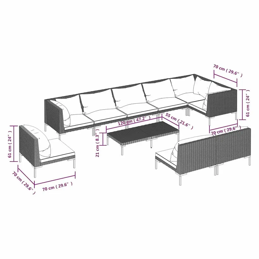 Garden Lounge Set 10 Piece Outdoor Patio Furniture with Cushions Grey Rattan