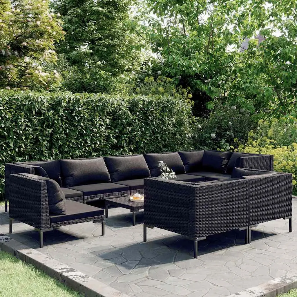 Garden Lounge Set Half-Round PE Rattan 10 Piece Outdoor Patio Furniture Grey