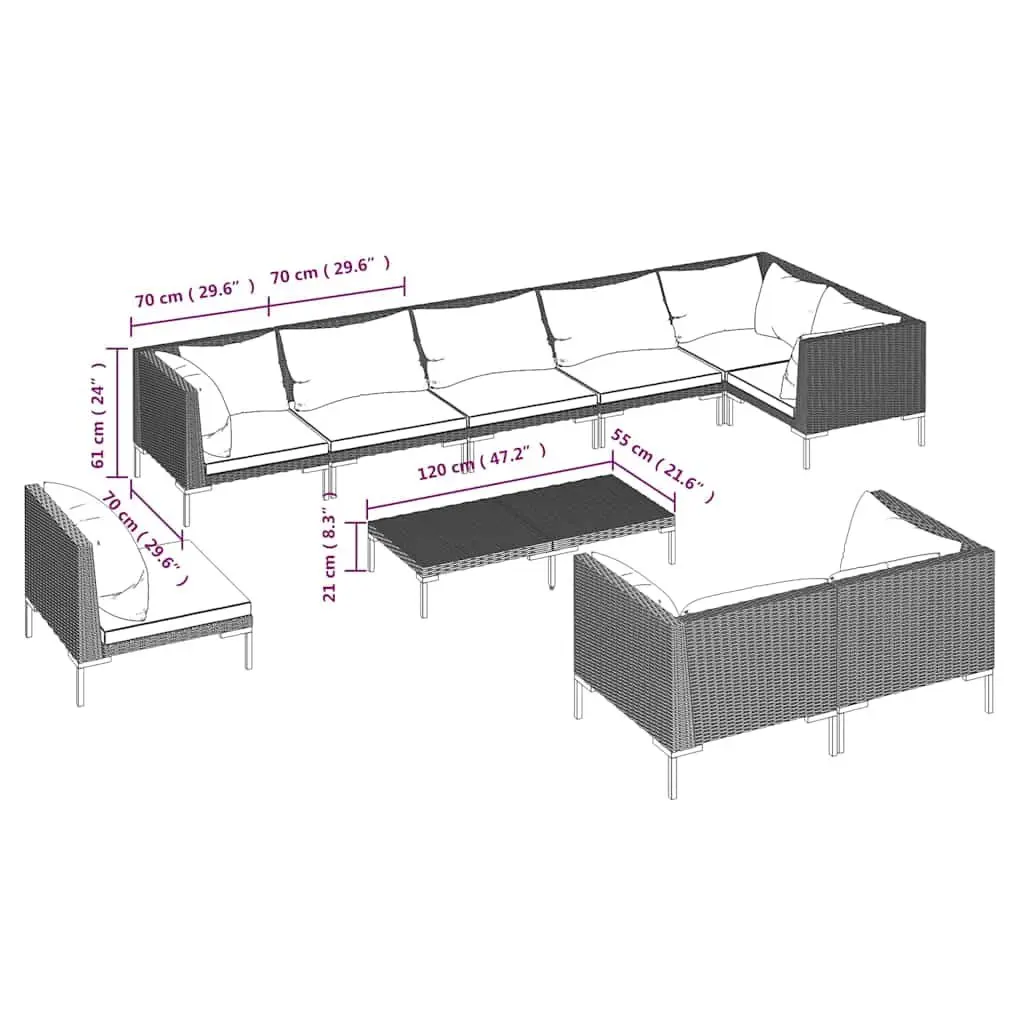 Garden Lounge Set Half-Round PE Rattan 10 Piece Outdoor Patio Furniture Grey