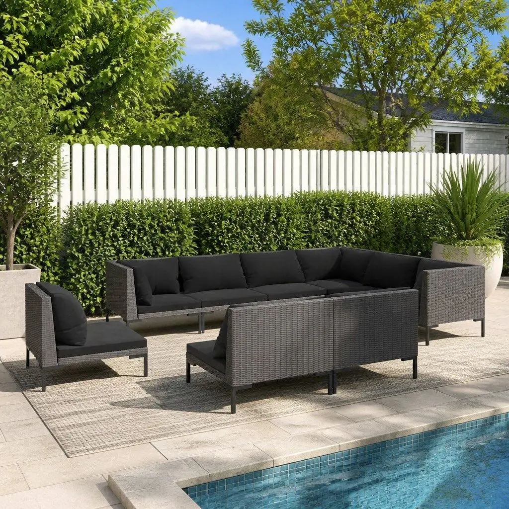 9 Piece Garden Lounge Set Outdoor Patio Furniture Grey Rattan Sofa with Cushions Powder-coated Steel Frame