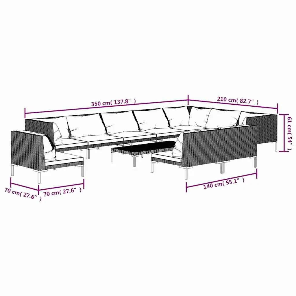11 Piece Outdoor Lounge Set Grey PE Rattan Patio Furniture with Cushions and Powder Coated Steel Frame