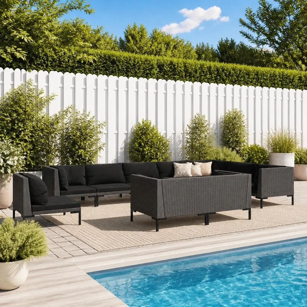 Garden Lounge Set 10 Piece Outdoor Furniture Grey Half-Round PE Rattan Patio Sofa