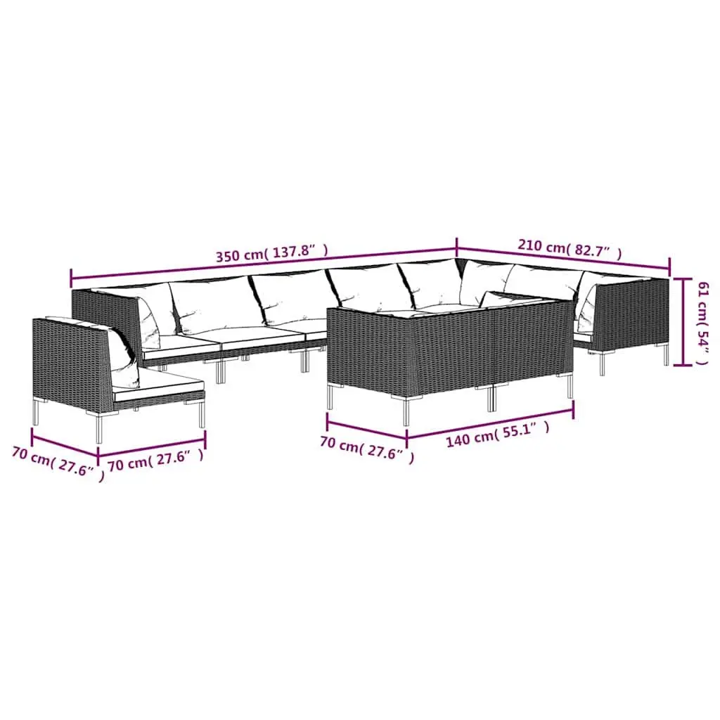 Garden Lounge Set 10 Piece Outdoor Furniture Grey Half-Round PE Rattan Patio Sofa