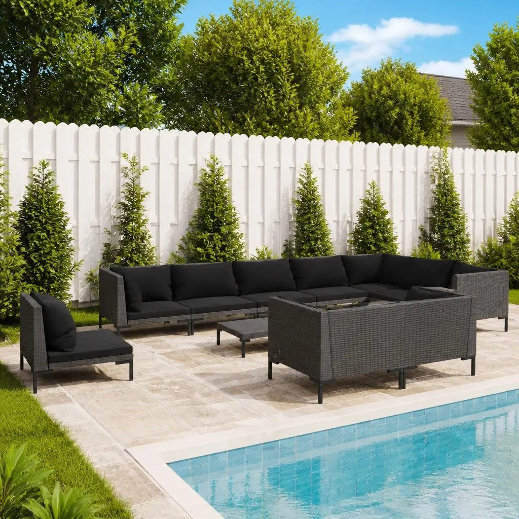 Garden Lounge Set 11 Piece Outdoor Furniture Powder-coated Steel Half-round PE Rattan Grey Cushions