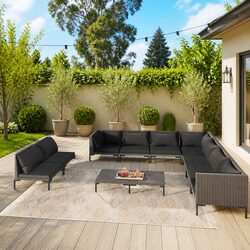 10 Piece Garden Lounge Set with Cushions Outdoor Patio Furniture Grey Poly