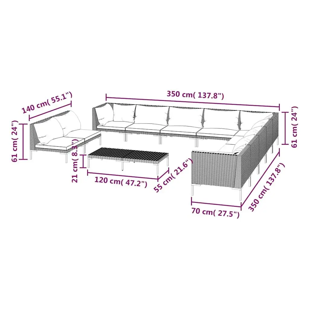 12 Piece Garden Lounge Set Grey Half-Round PE Rattan Powder-Coated Steel Frame with Cushions