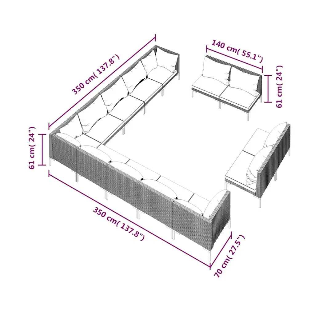 13 Piece Outdoor Lounge Set Grey Weather Resistant PE Rattan with Cushions Powder Coated Steel Frame