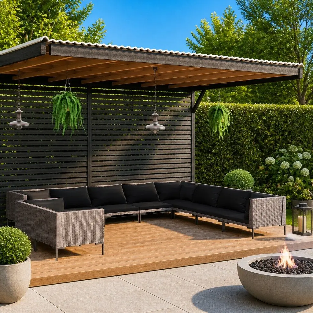 Garden Lounge Set 10 Piece Outdoor Furniture Powder Coated Steel Half Round PE Rattan Grey with Cushions