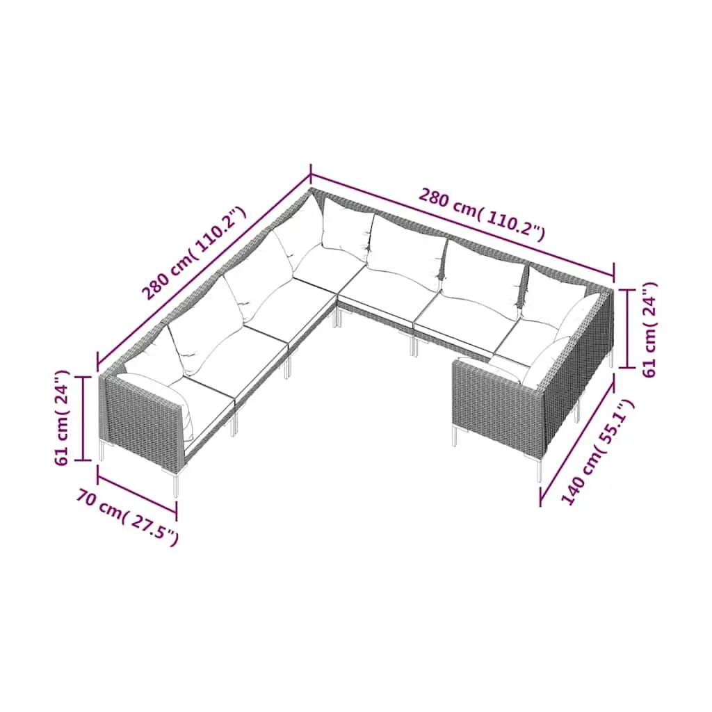 8 Piece Outdoor Garden Lounge Set Grey Poly Rattan Patio Furniture with Cushions