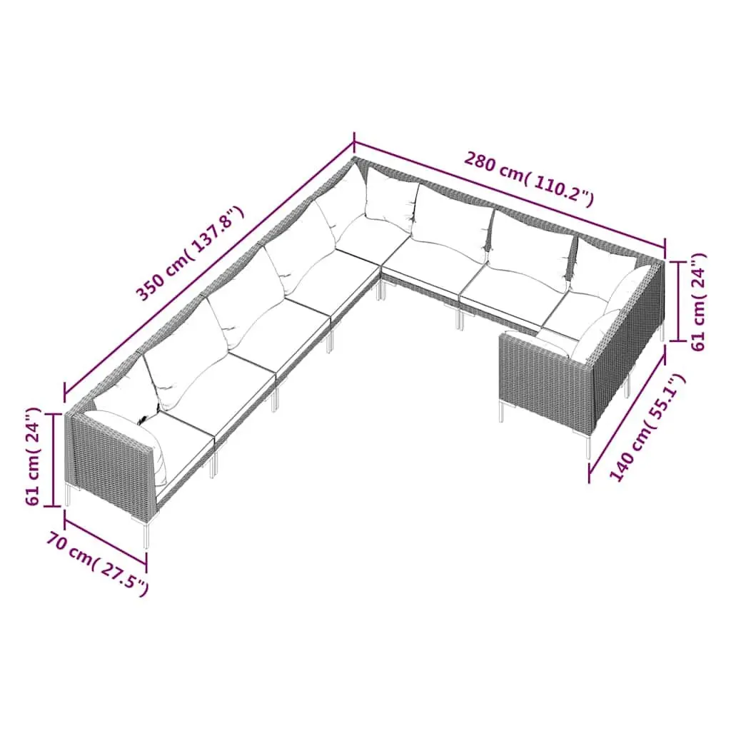 Garden Lounge Set 9 Piece Outdoor Furniture Powder-Coated Steel Half-Round PE Rattan Grey