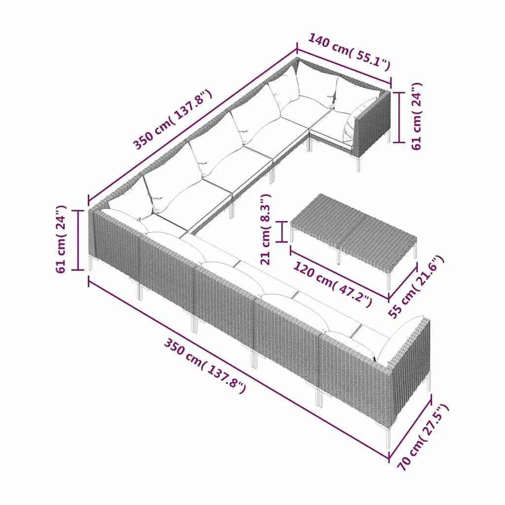 11 Piece Outdoor Garden Lounge Set with Cushions Poly Rattan Grey Patio Sofa
