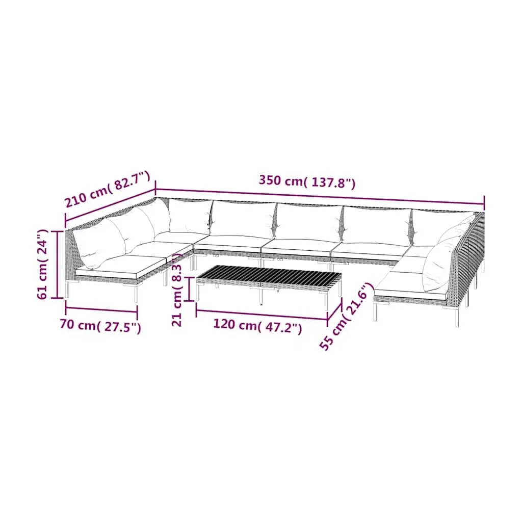 Garden Lounge Set 10 Piece Outdoor Furniture Powder-coated Steel Half-round PE Rattan Grey