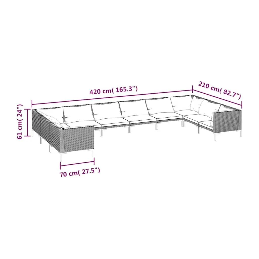 10 Piece Outdoor Grey Sofa Set Poly Rattan Garden Lounge Furniture with Cushions and Pillows
