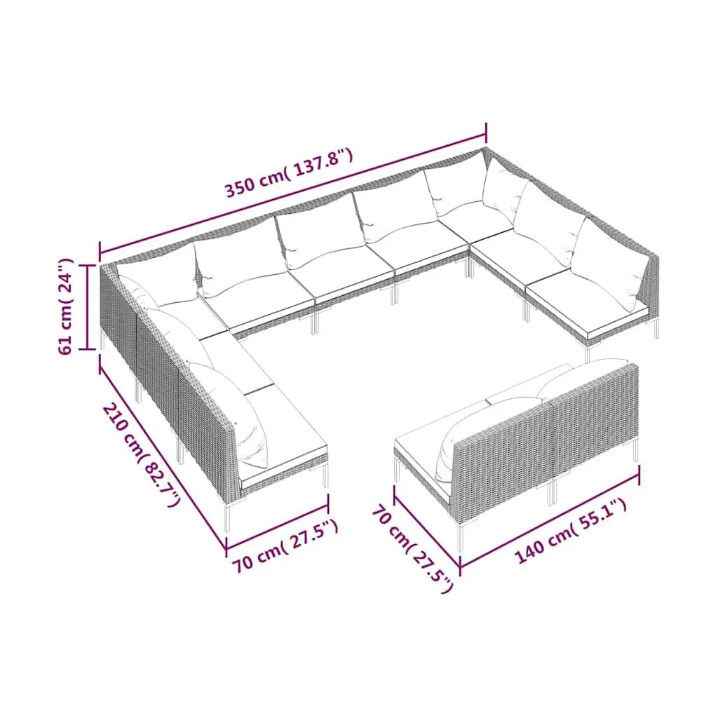 11 Piece Garden Lounge Set Poly Rattan Outdoor Furniture with Cushions Grey