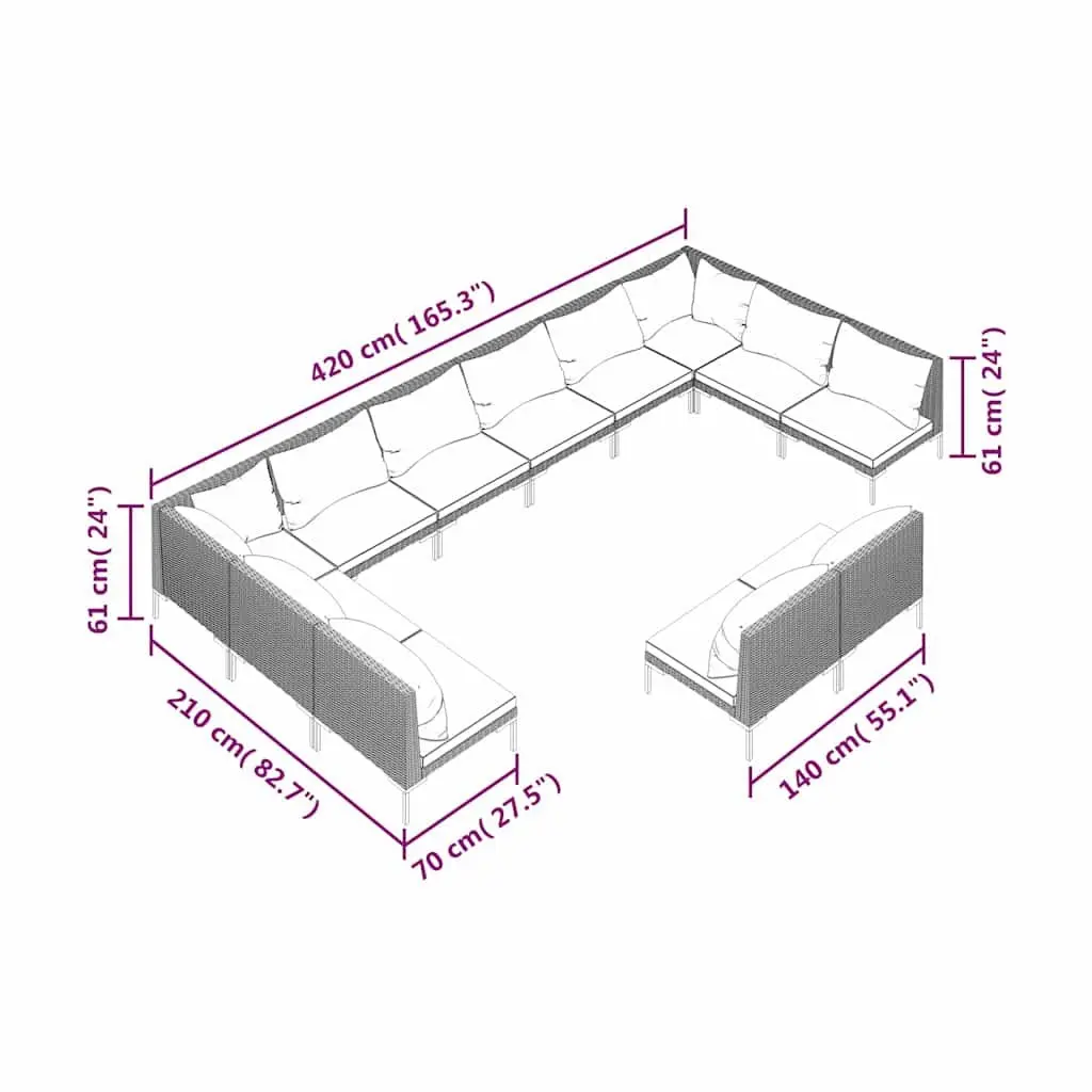 Garden Lounge Set 12 Piece Outdoor Patio Furniture Powder-Coated Steel Half-Round PE Rattan Grey
