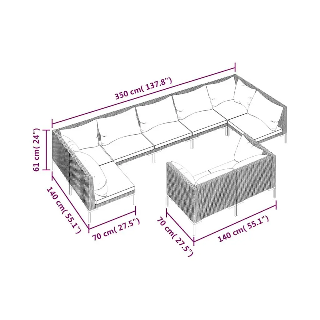 Garden Lounge Set 9 Piece Outdoor Furniture Steel Frame Half-Round PE Rattan Grey