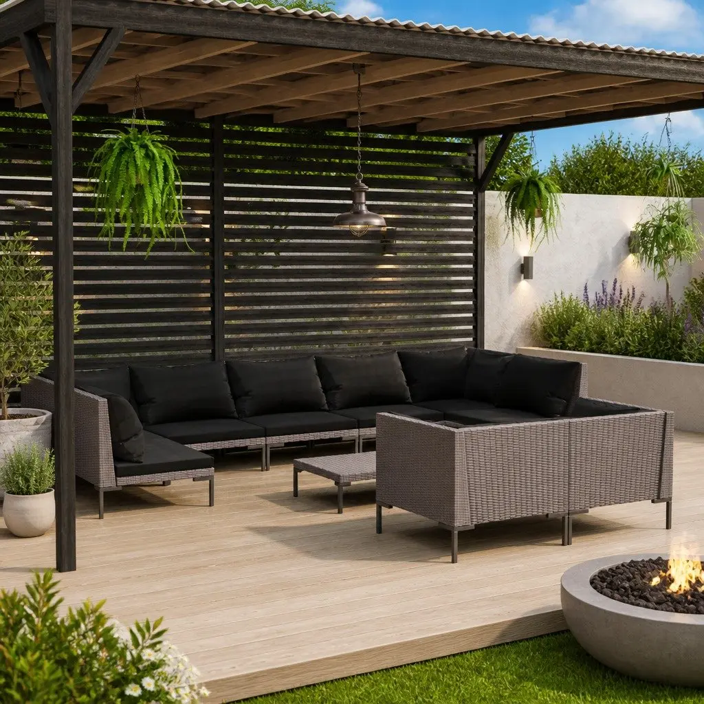 Garden Lounge Set 10 Piece Poly Rattan Grey Cushions Outdoor Furniture