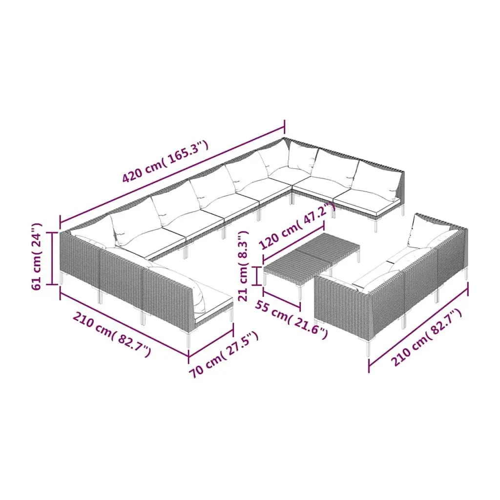 Garden Lounge Set 14 Piece Outdoor Patio Furniture Powder-coated Steel Frame Half-round PE Rattan Grey