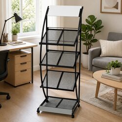 Magazine Rack A4 Display Stand Black White 4 Tier Castor Wheels Office Home