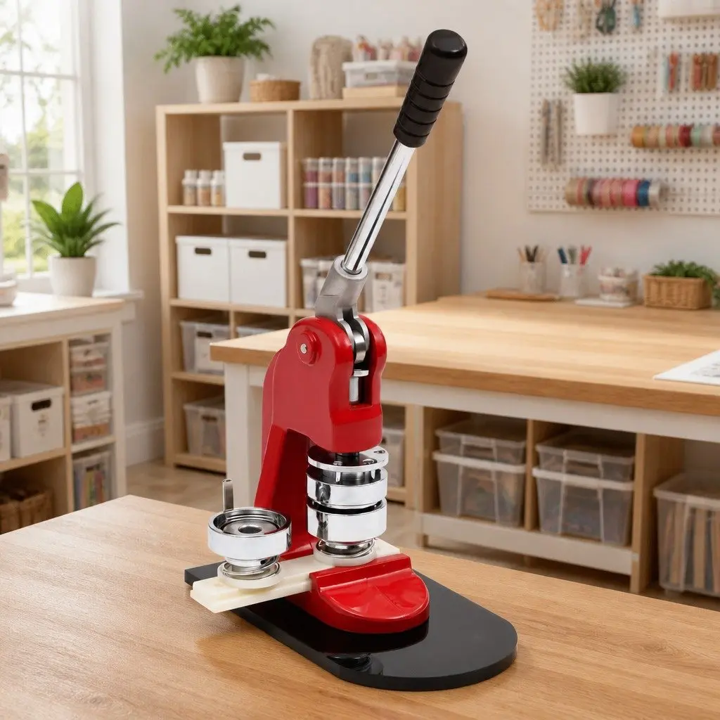 Badge Maker Machine Red 37mm with Circle Cutter for DIY Crafts and Custom Badges