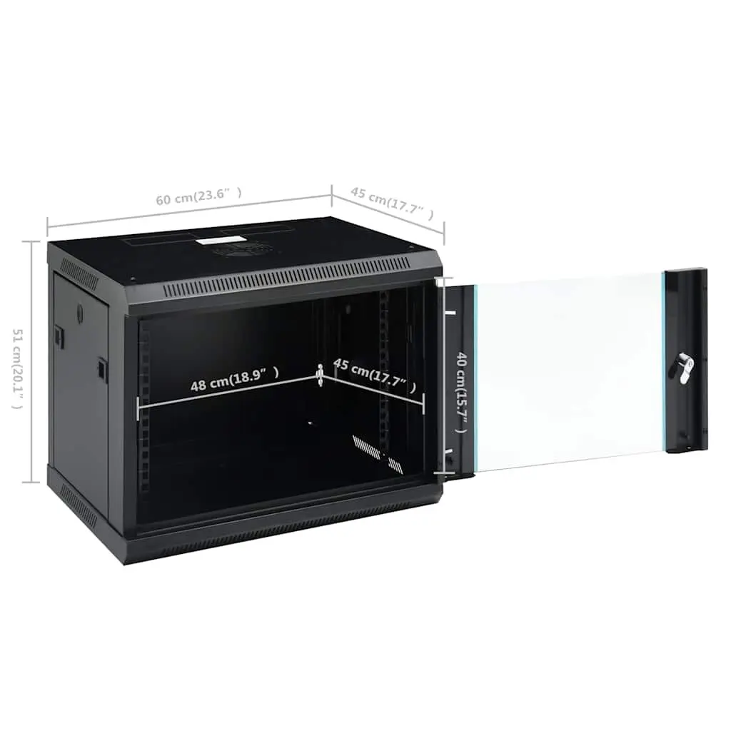 9U Wall Mounted Network Cabinet 19 Inch Black Data Server Rack Enclosure 600x450x510mm
