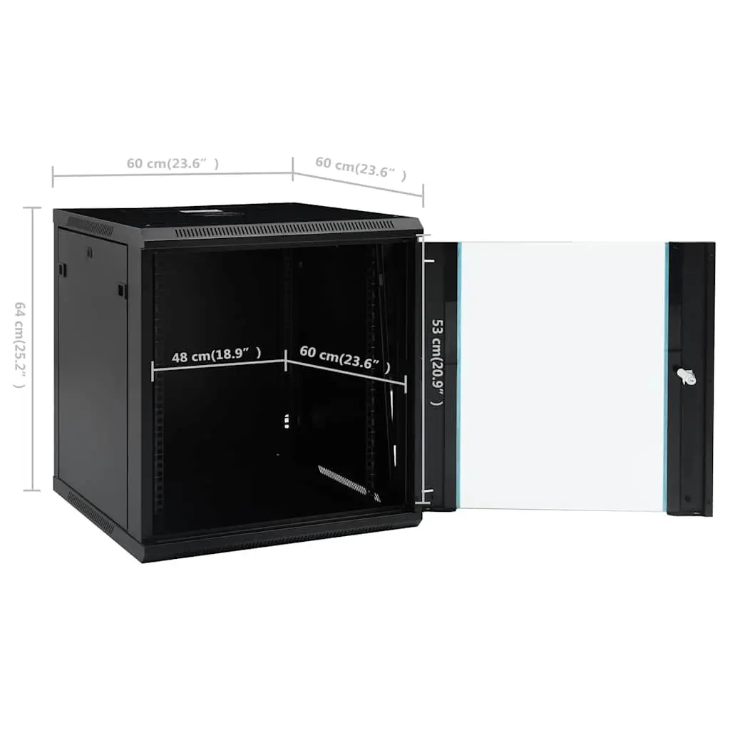 12U Network Cabinet Cold Rolled Steel 600x600x640mm Black Wall Mounted Rack Mount Server Equipment Storage